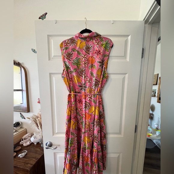 mlle Gabrielle pink cotton double-lined button up tiered tropical midi dress - Picture 4 of 5